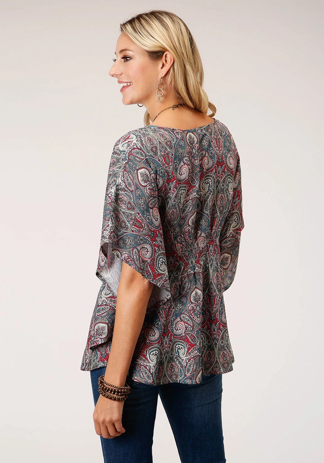 Weekend Outing Conference Appropriate Roper Womens Sage Rayon/Nylon Paisley Print S/S Blouse