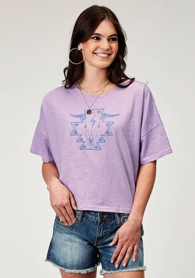 Roper Womens Southwest Longhorn Lilac 100% Cotton S/S T-Shirt Functional Pocket City Exploration