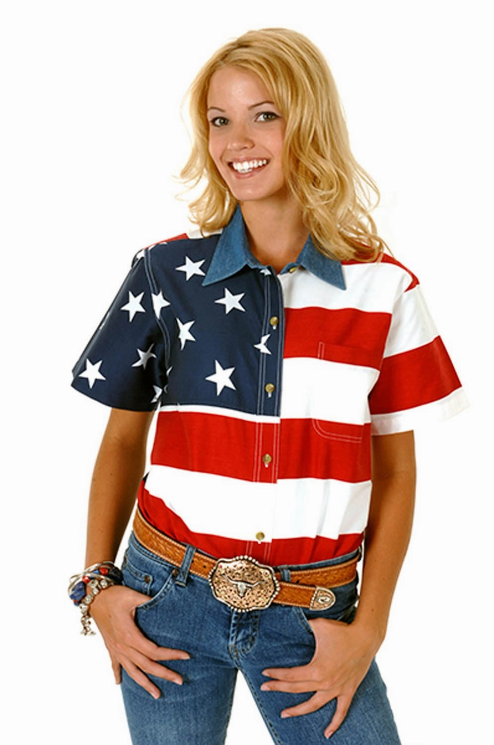 Roper Womens Stars and Stripes Flag Red/Blue 100% Cotton S/S Shirt Polished Placket Classic Appeal