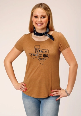 Tagless Labeling Quick Dry Construction Roper Womens Stars Big and Bright Tobacco Brown Poly/Rayon S/S T-Shirt