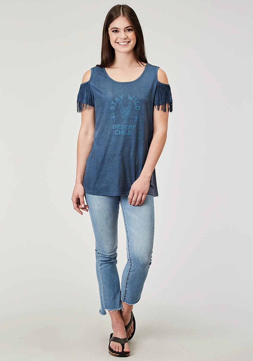 Embellished Neckline Roper Womens Stay Wild Navy Poly/Cotton Cold Shoulder S/S T-Shirt