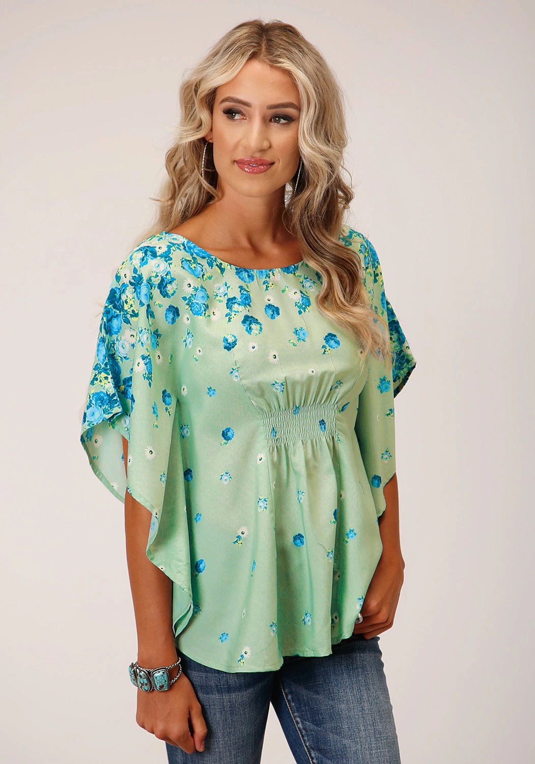 Classic Collar Soft Material Roper Womens Summer Floral Sage Polyester S/S Blouse