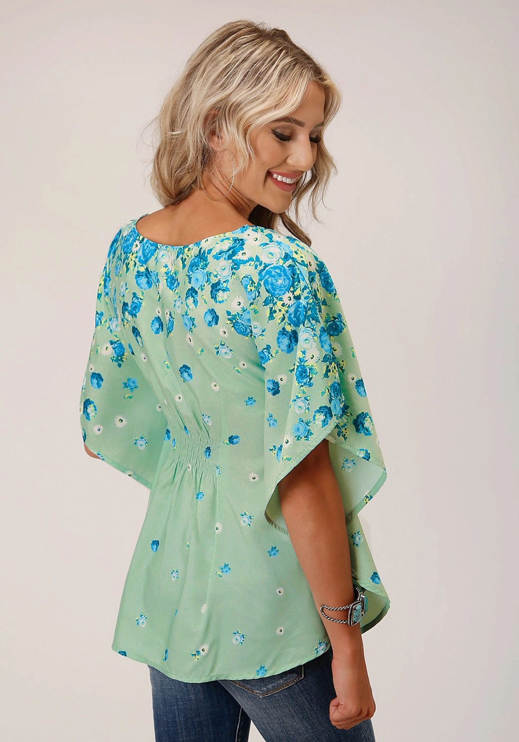 Roper Womens Summer Floral Sage Polyester S/S Blouse Road Trip Ready