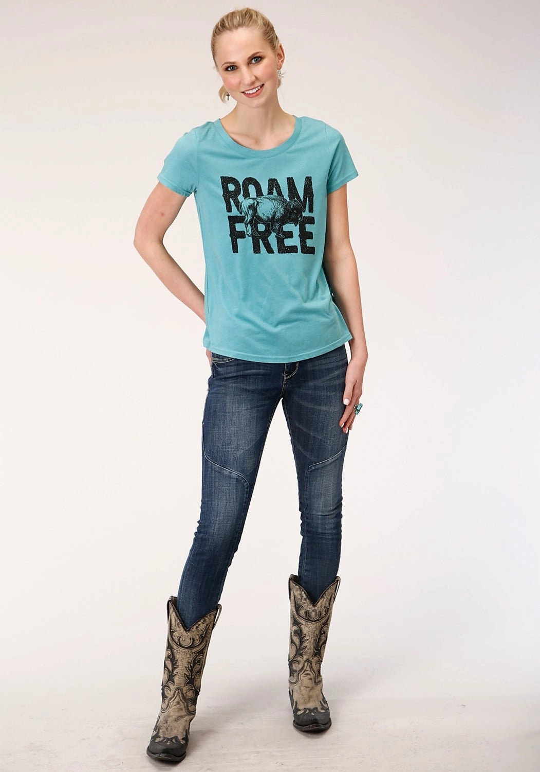 Roper Womens Teal Poly/Rayon Roam Free S/S Buffalo T-Shirt Multi Layer Stitching Edgy style