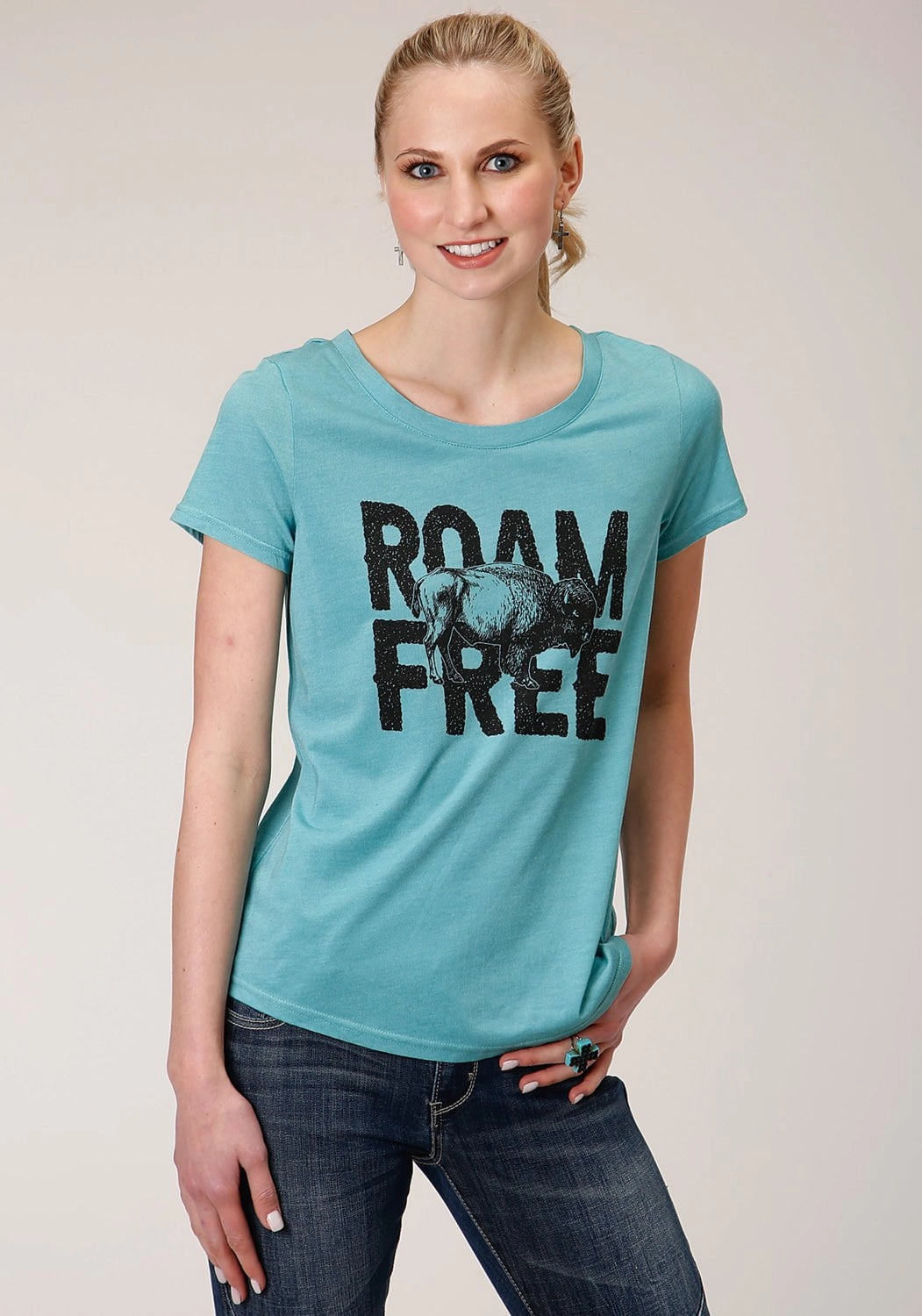 Roper Womens Teal Poly/Rayon Roam Free S/S Buffalo T-Shirt Spring Break