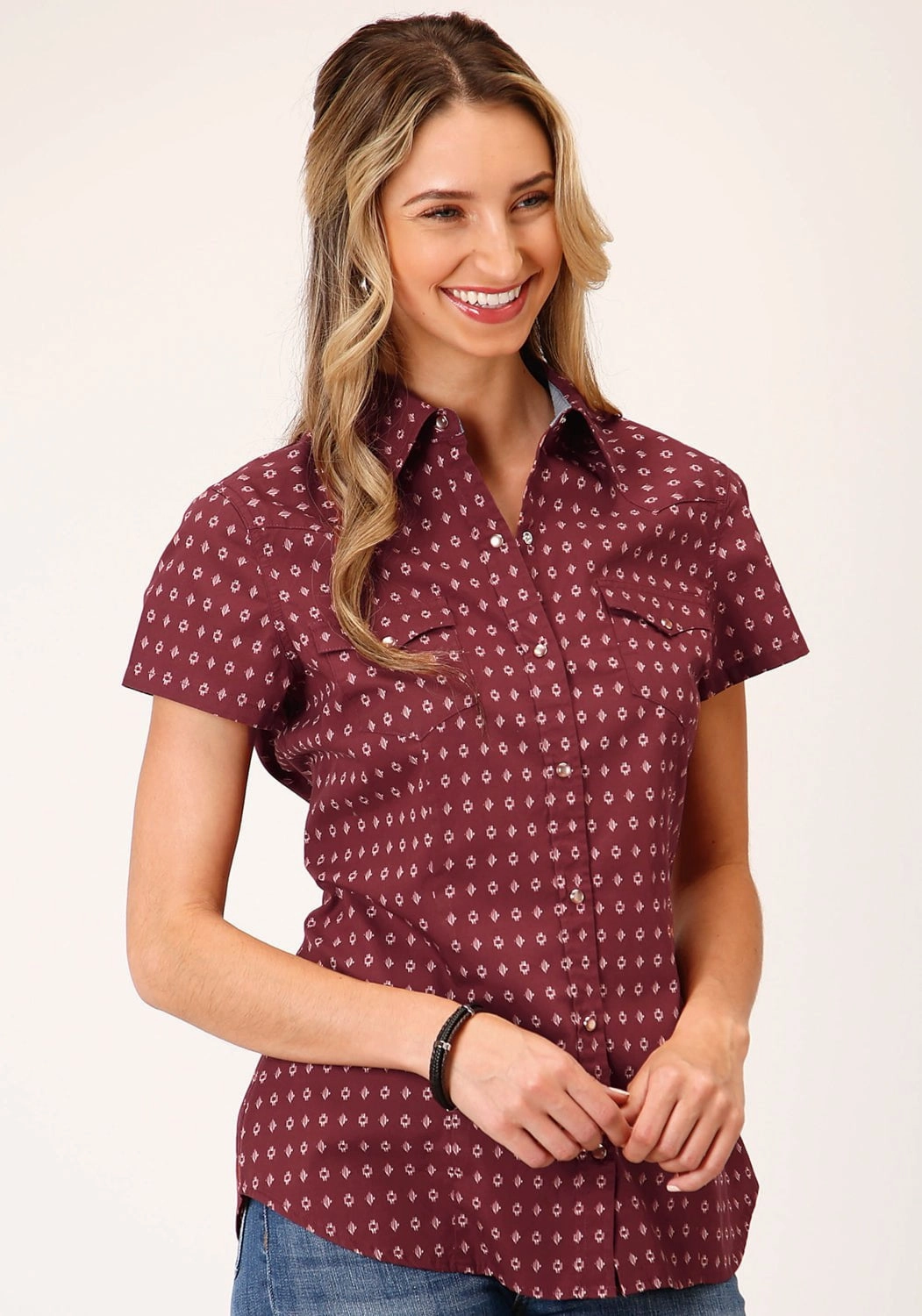 Roper Womens Texture Diamond Red 100% Cotton S/S Shirt Geometric Design