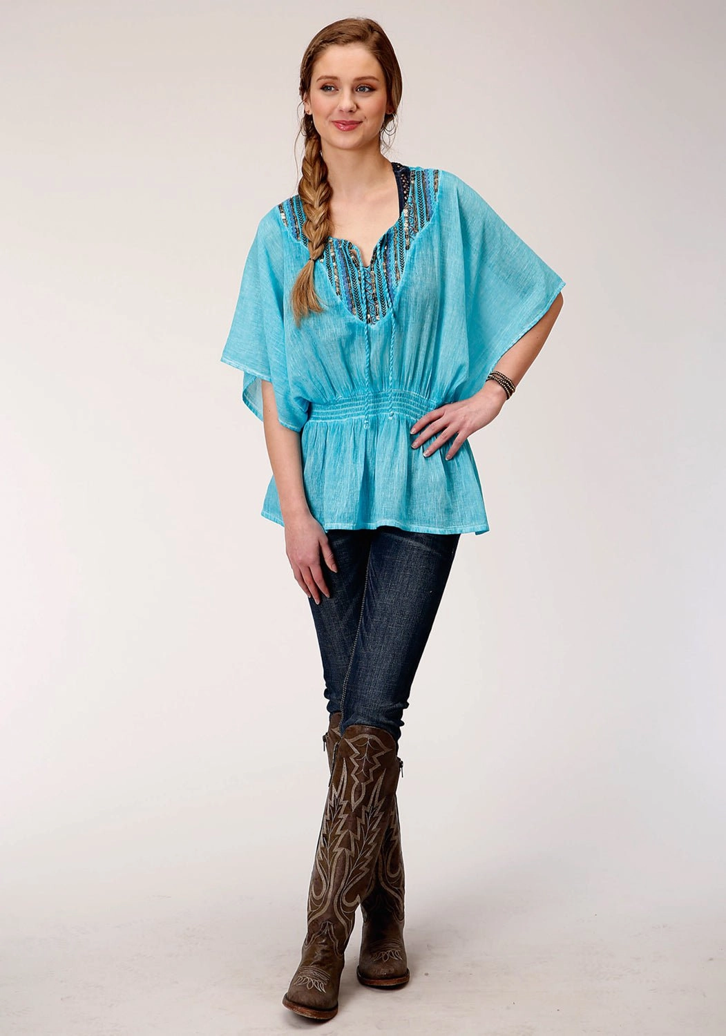 Unmatched comfort Tailored Style Roper Womens Turquoise 100% Cotton Peasant Top S/S Tunic