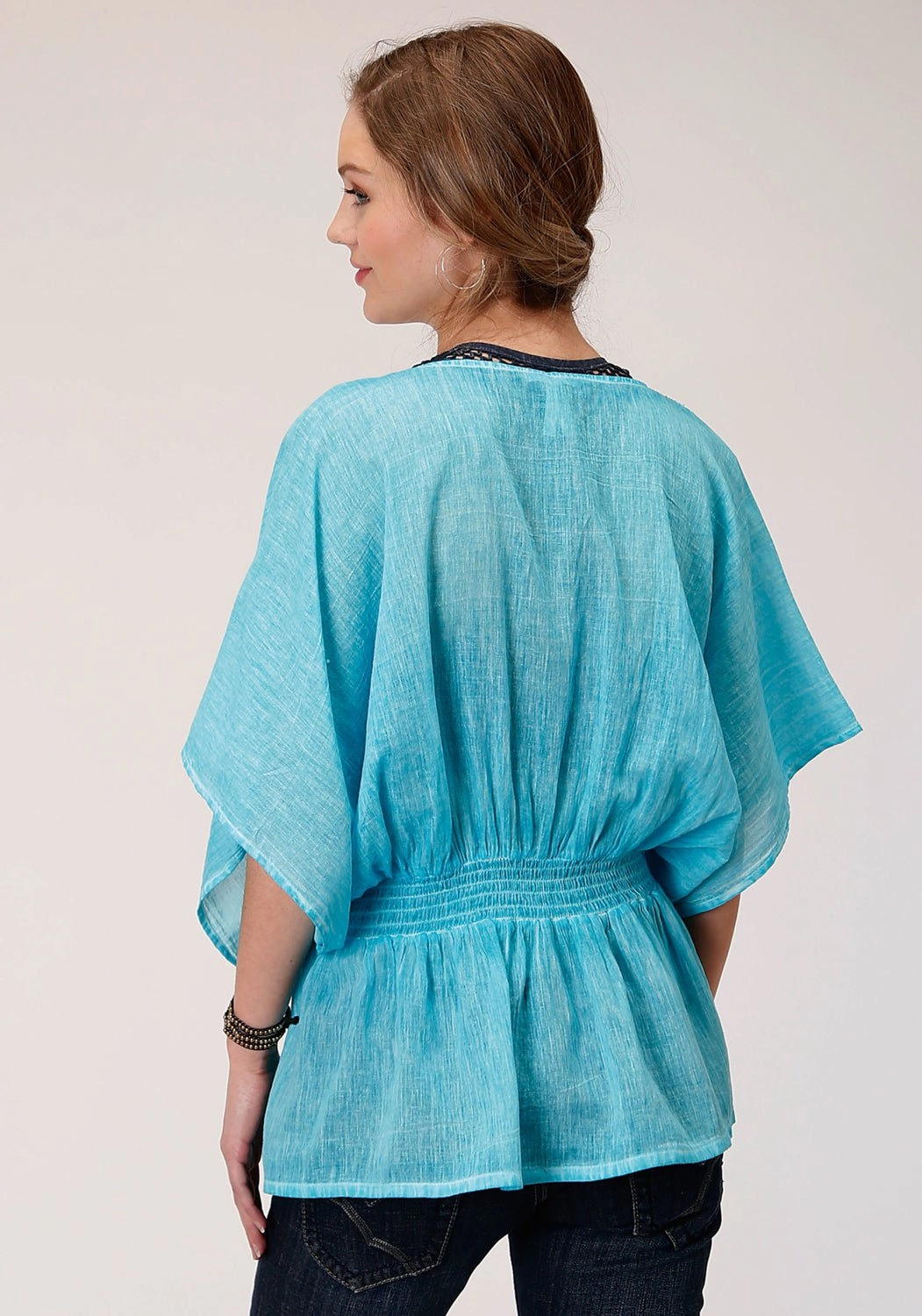 Layered Hemline Roper Womens Turquoise 100% Cotton Peasant Top S/S Tunic