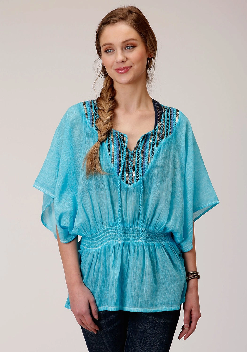 Winter Comfort Roper Womens Turquoise 100% Cotton Peasant Top S/S Tunic