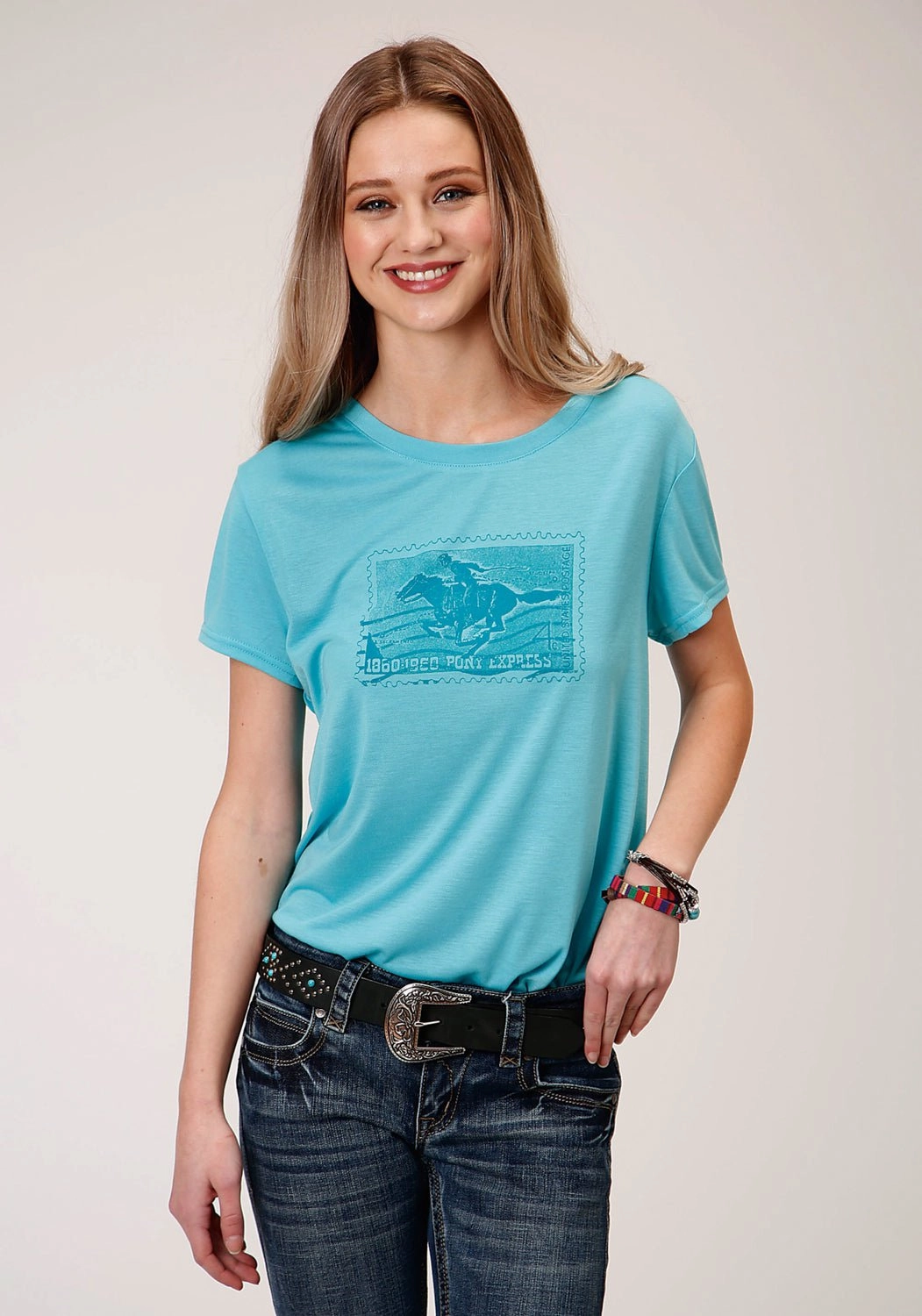 Stylish Design Roper Womens Turquoise Poly/Rayon Horse Rider S/S T-Shirt