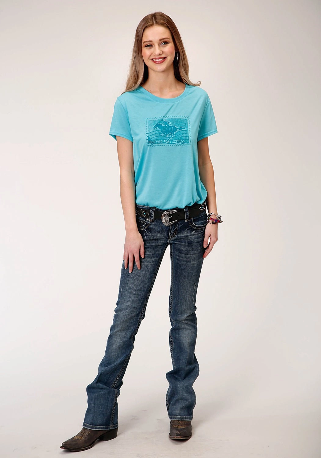 Exclusive Collection Roper Womens Turquoise Poly/Rayon Horse Rider S/S T-Shirt