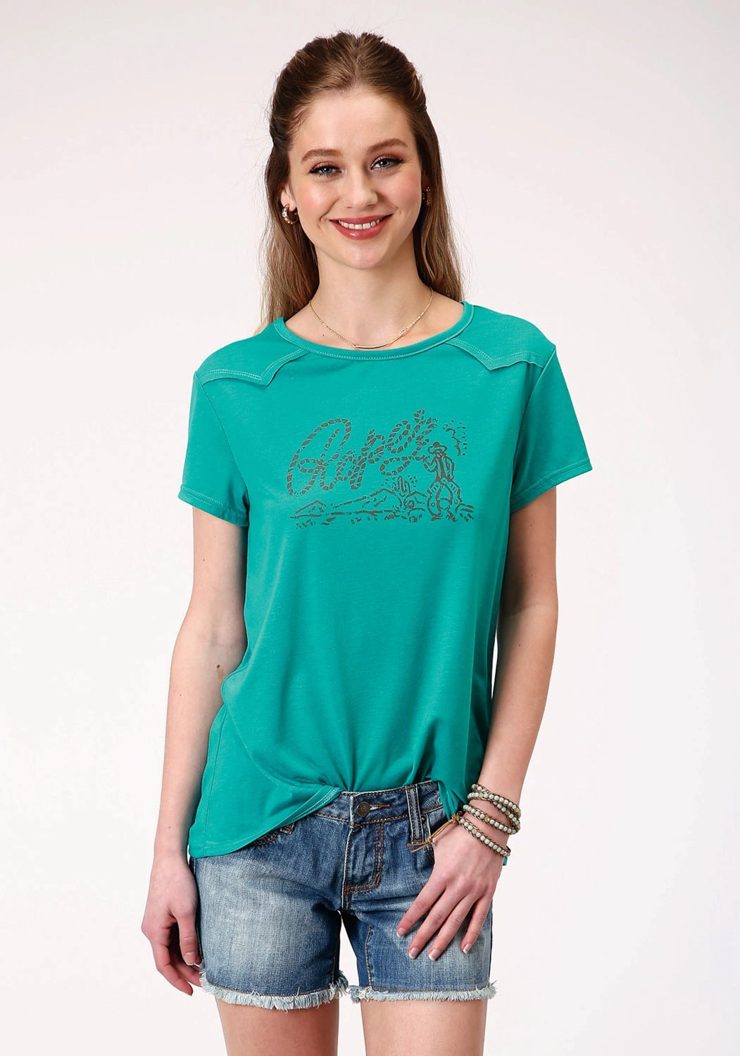 Workwear Essential Roper Womens Turquoise Poly/Rayon Roping Cowboy S/S T-Shirt