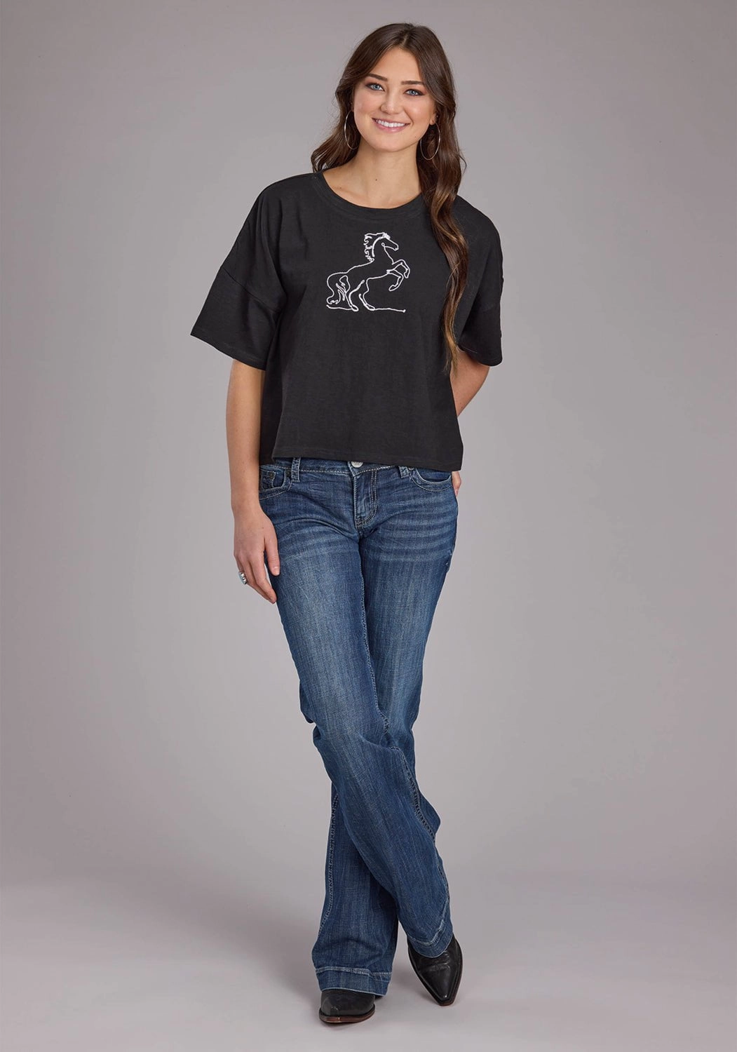 Roper Womens Wild Mustang Black 100% Cotton S/S T-Shirt Petite Cut Athletic Look