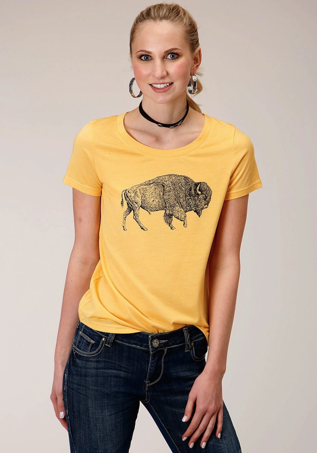 Roper Womens Yellow Poly/Rayon Buffalo S/S T-Shirt Fashionable Pick