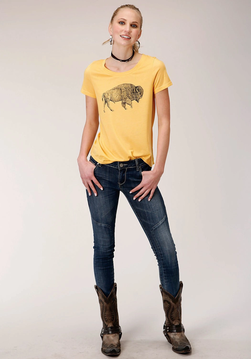 Flexible Shoulder Construction First Date Roper Womens Yellow Poly/Rayon Buffalo S/S T-Shirt