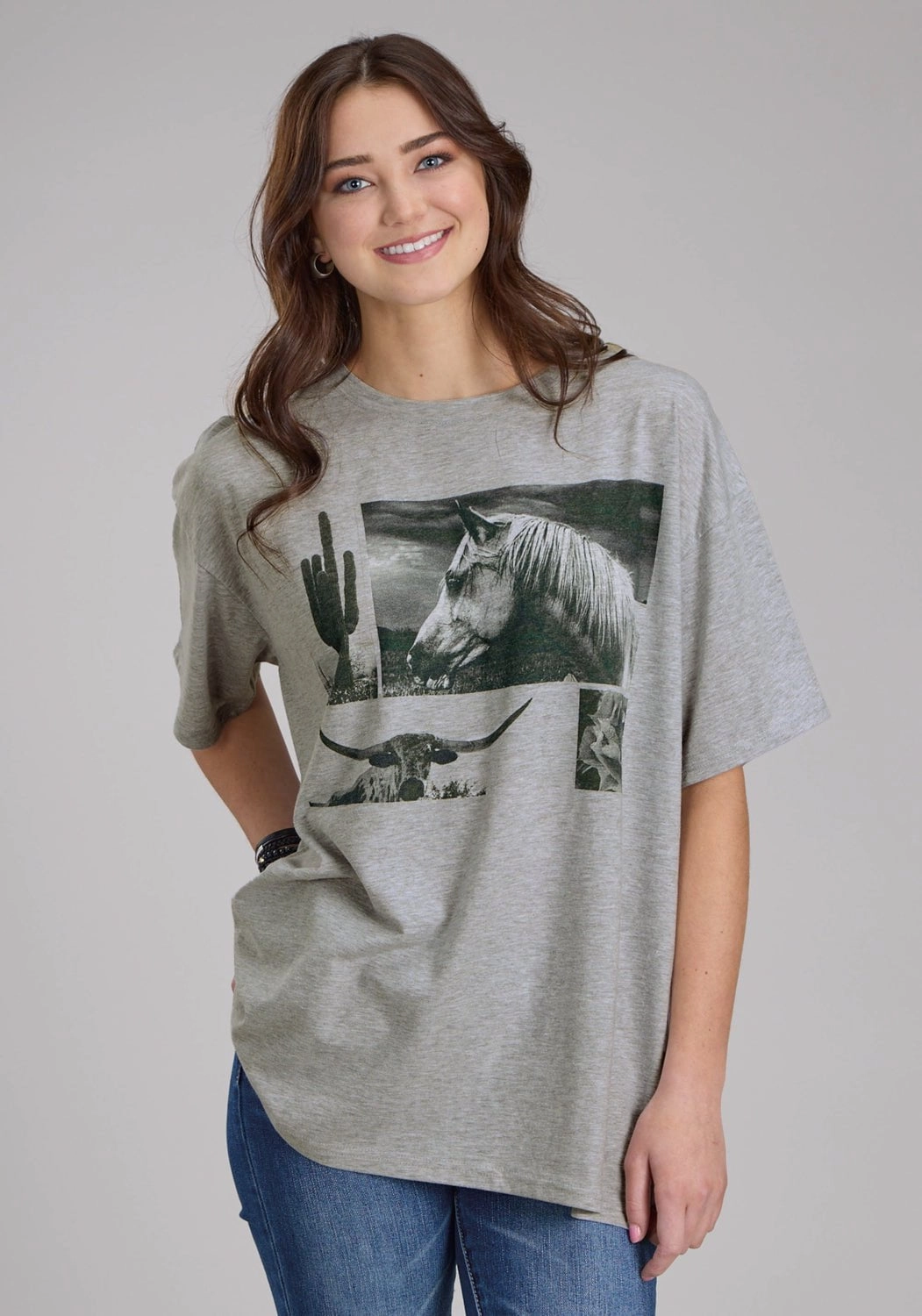 Roper Womens Horse and Longhorn Grey Cotton Blend S/S T-Shirt Structured Collar