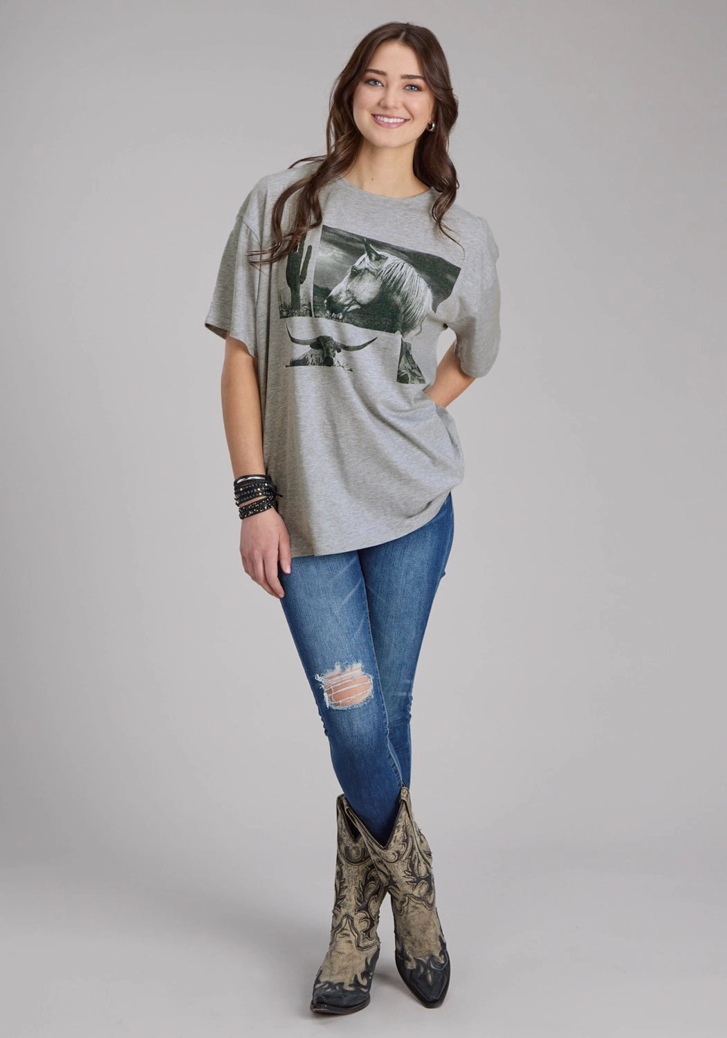 Thermal Regulation Fabric Smooth Texture Roper Womens Horse and Longhorn Grey Cotton Blend S/S T-Shirt