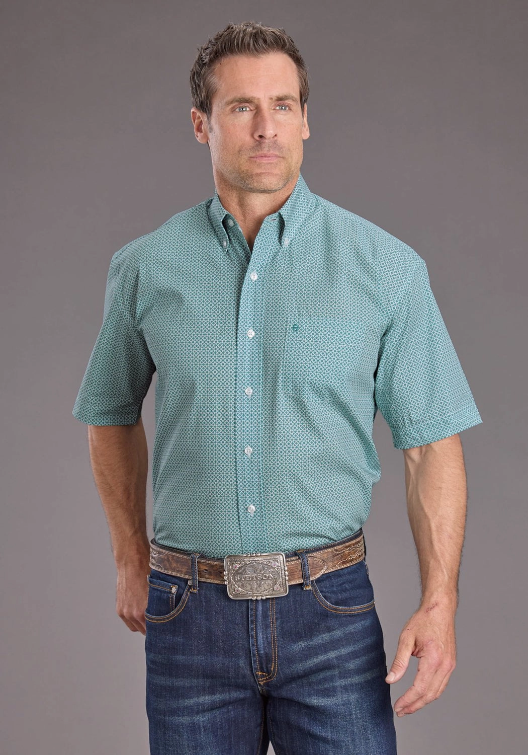 Reinforced Collar Stetson Mens Mosaic Geo Turquoise 100% Cotton 1 Pkt S/S Shirt