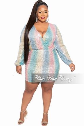 Final Sale Plus Size Faux Wrap Sequin Mini Dress in Multi Pink Blue Yellow Ribbed Collar Style LowImpact Dye Process