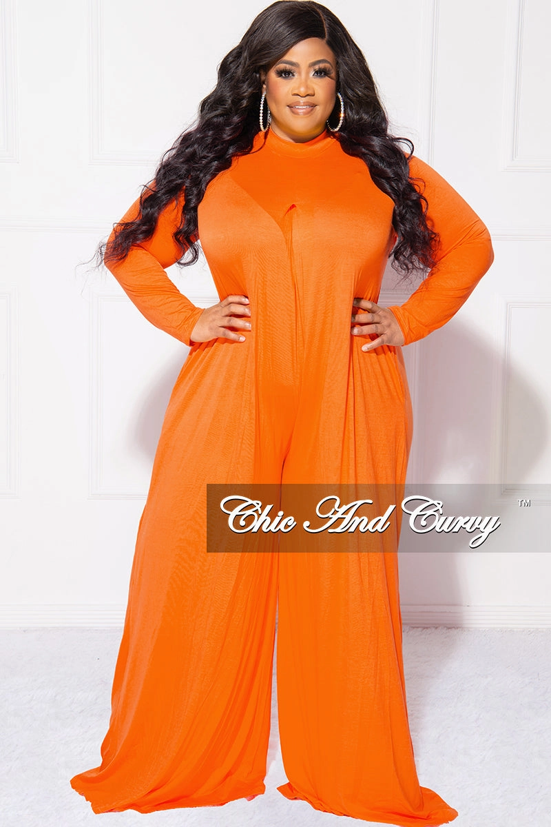 Final Sale Plus Size Long Sleeve Wide Leg Jumpsuit in Orange Stain Repellent Coating