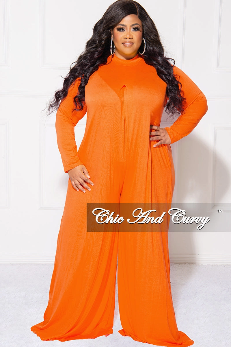 DurableConstruction Casual Style Final Sale Plus Size Long Sleeve Wide Leg Jumpsuit in Orange