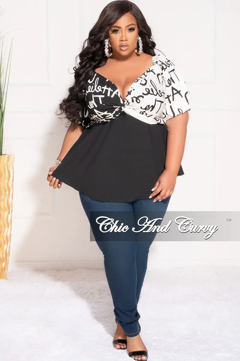 Low Maintenance Core Utility Final Sale Plus Size Faux Wrap ColorBlock Peplum Top in Black and White Art Print