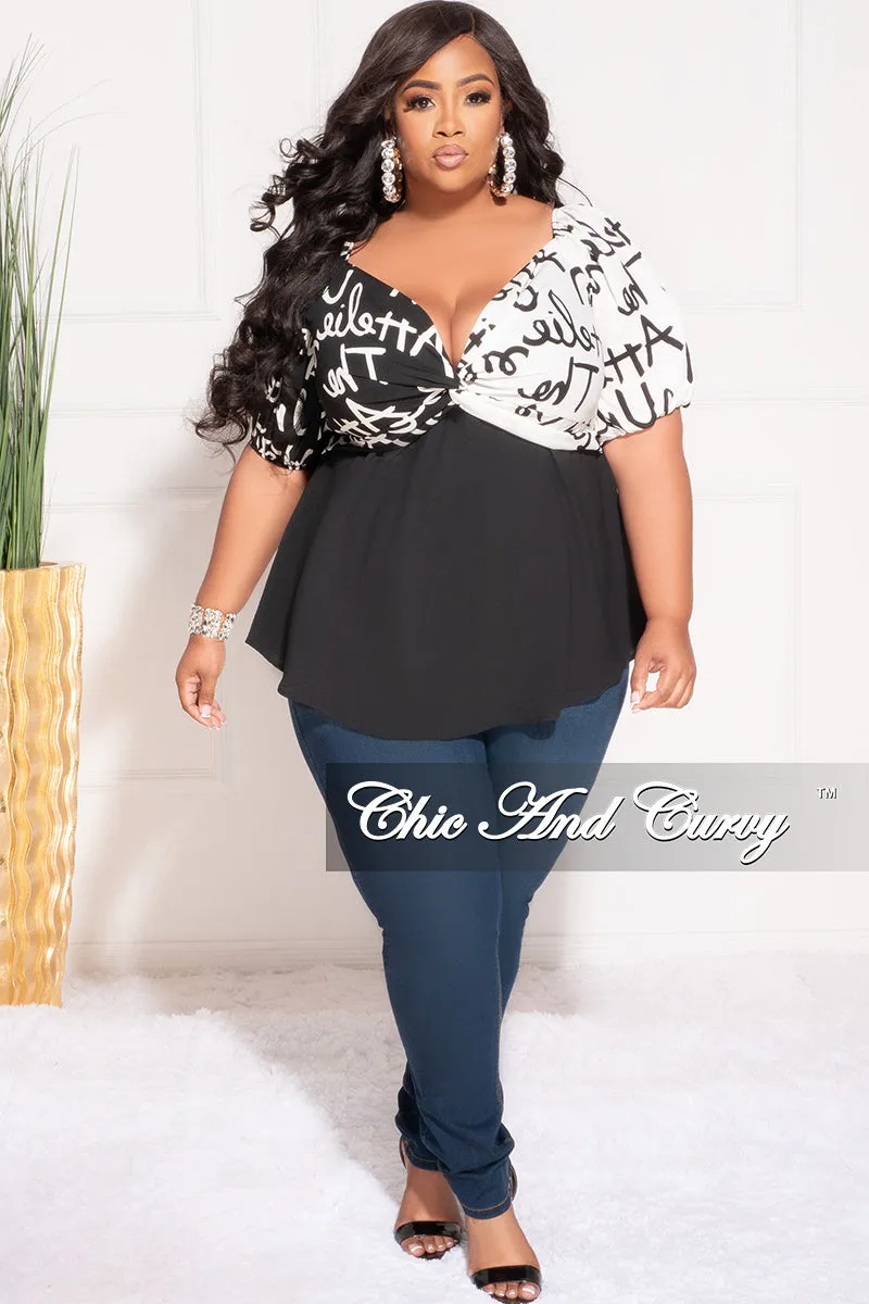 Final Sale Plus Size Faux Wrap ColorBlock Peplum Top in Black and White Art Print Ultimate Wear