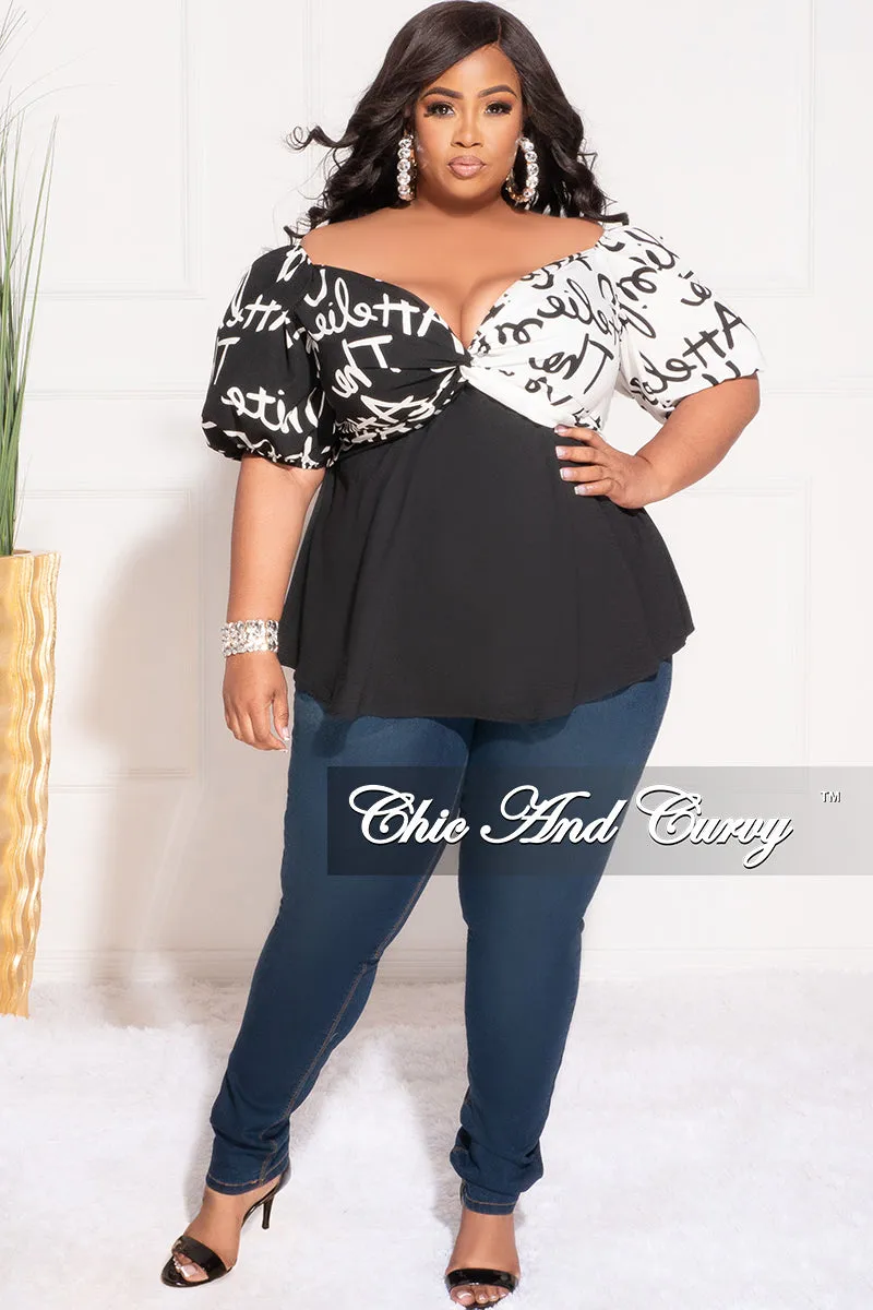 BreathableMeshLining Final Sale Plus Size Faux Wrap ColorBlock Peplum Top in Black and White Art Print