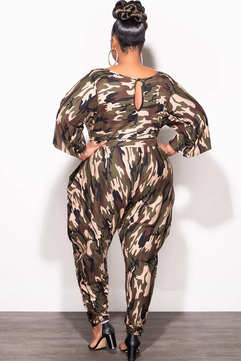 Final Sale Plus Size Jumpsuit with Harem Effect in Camo Print Relaxed Style