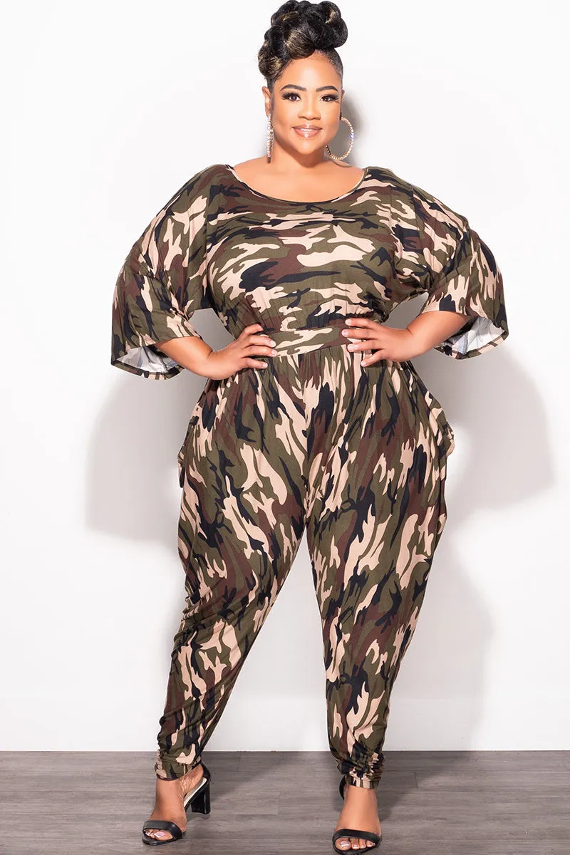 Final Sale Plus Size Jumpsuit with Harem Effect in Camo Print Windproof Design