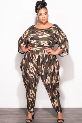 Final Sale Plus Size Jumpsuit with Harem Effect in Camo Print Elastic Free Cuffs