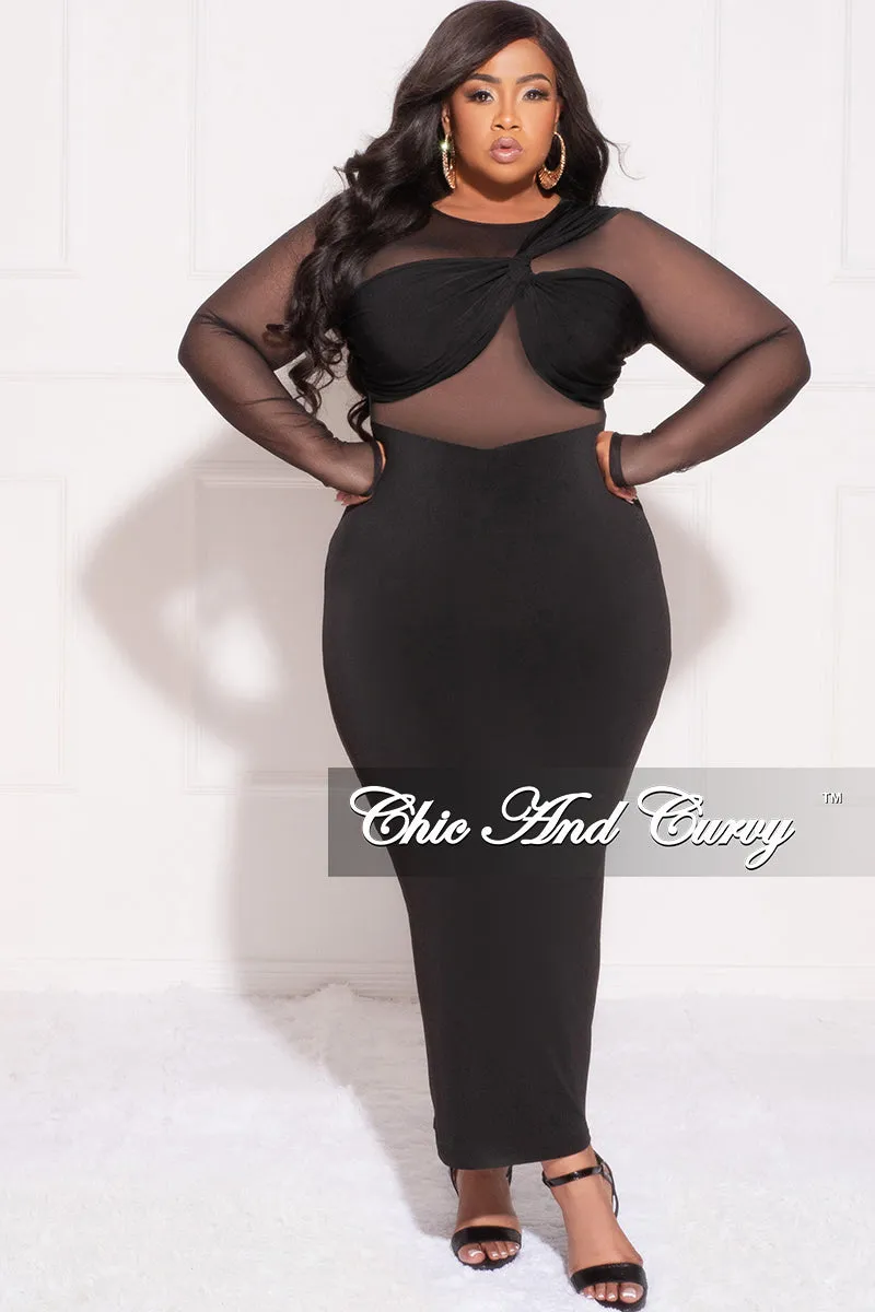 Soft Design Final Sale Plus Size Mesh One Shoulder Twist Front Bra Top and Cutout Front BodyCon Dress in Black