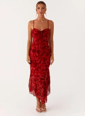 Sally Midi Dress - Deep Red Floral Clear Blush