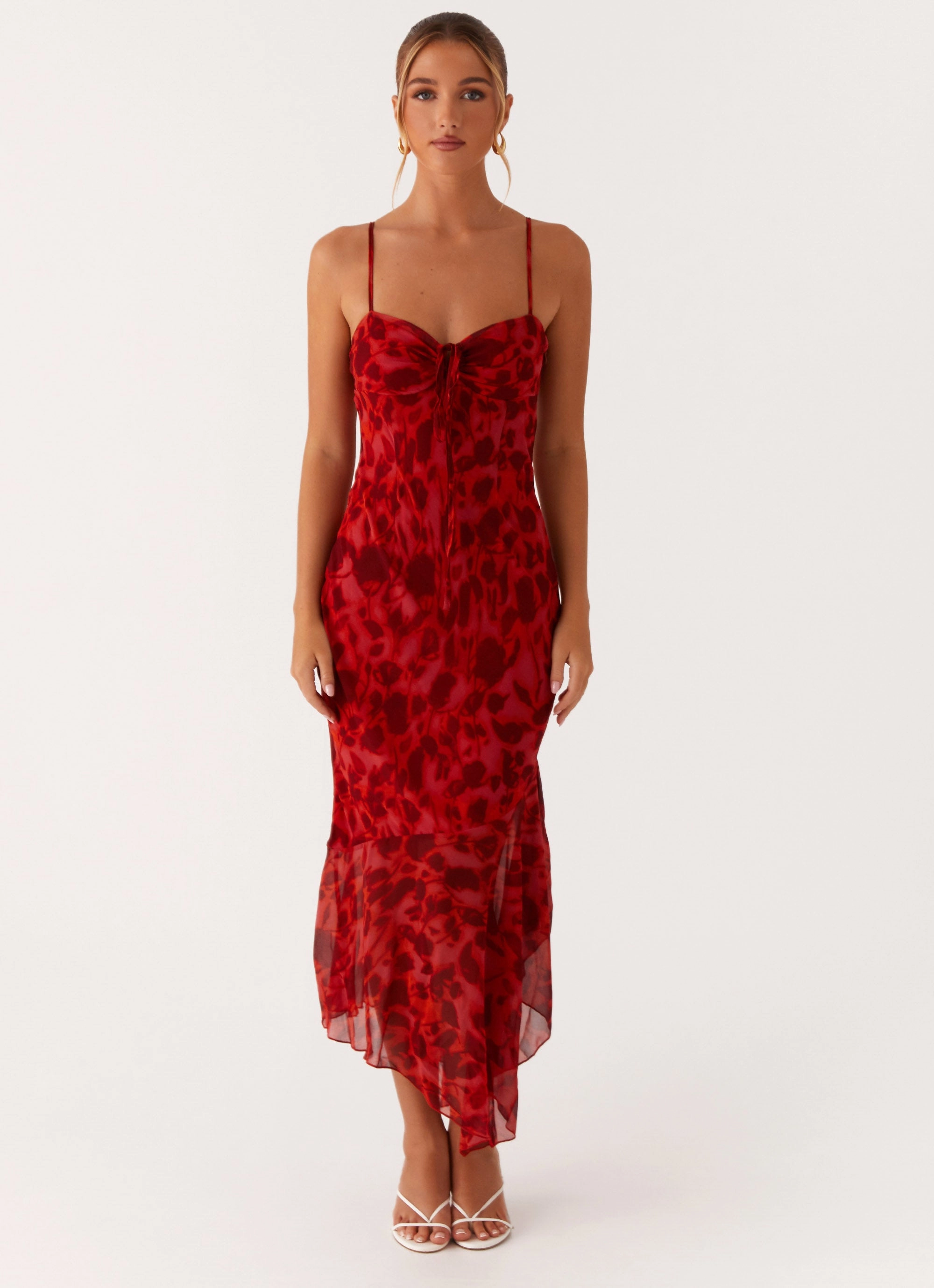 Sally Midi Dress - Deep Red Floral Clear Blush