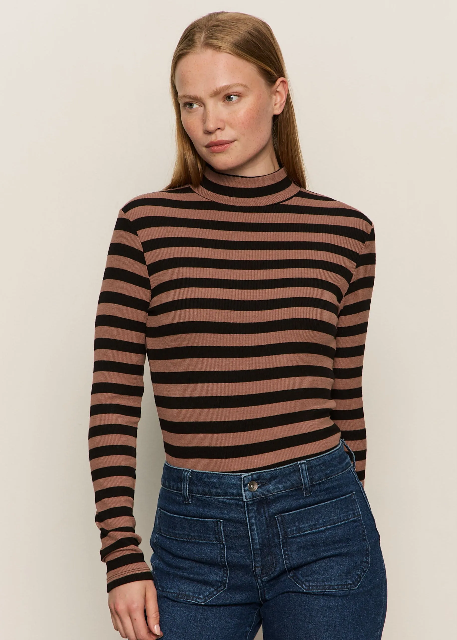 Sanctuary Long Sleeve Mock Essential Top Stripe MultiPanelDesign Slim Fit Shirt