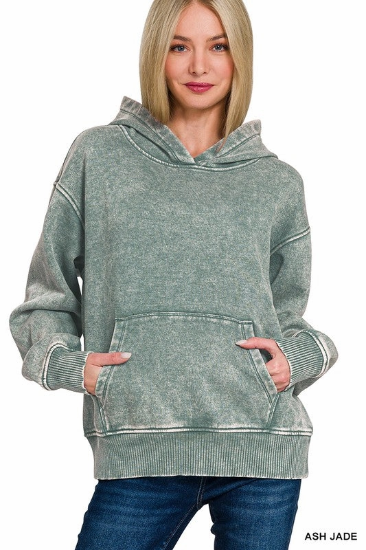 Sandra Fleece Acid Wash Kangaroo Pocket Hoodie Contrast Stitch Double Stitched Hems