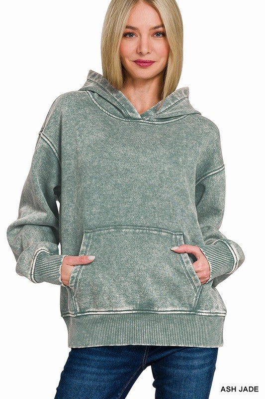 Sandra Fleece Acid Wash Kangaroo Pocket Hoodie DoubleStitched Construction Ethically Sourced Yarn