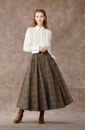 Santal 3 | Retro Plaid Midi Wool Skirt Stylish Drape Everyday Neutral