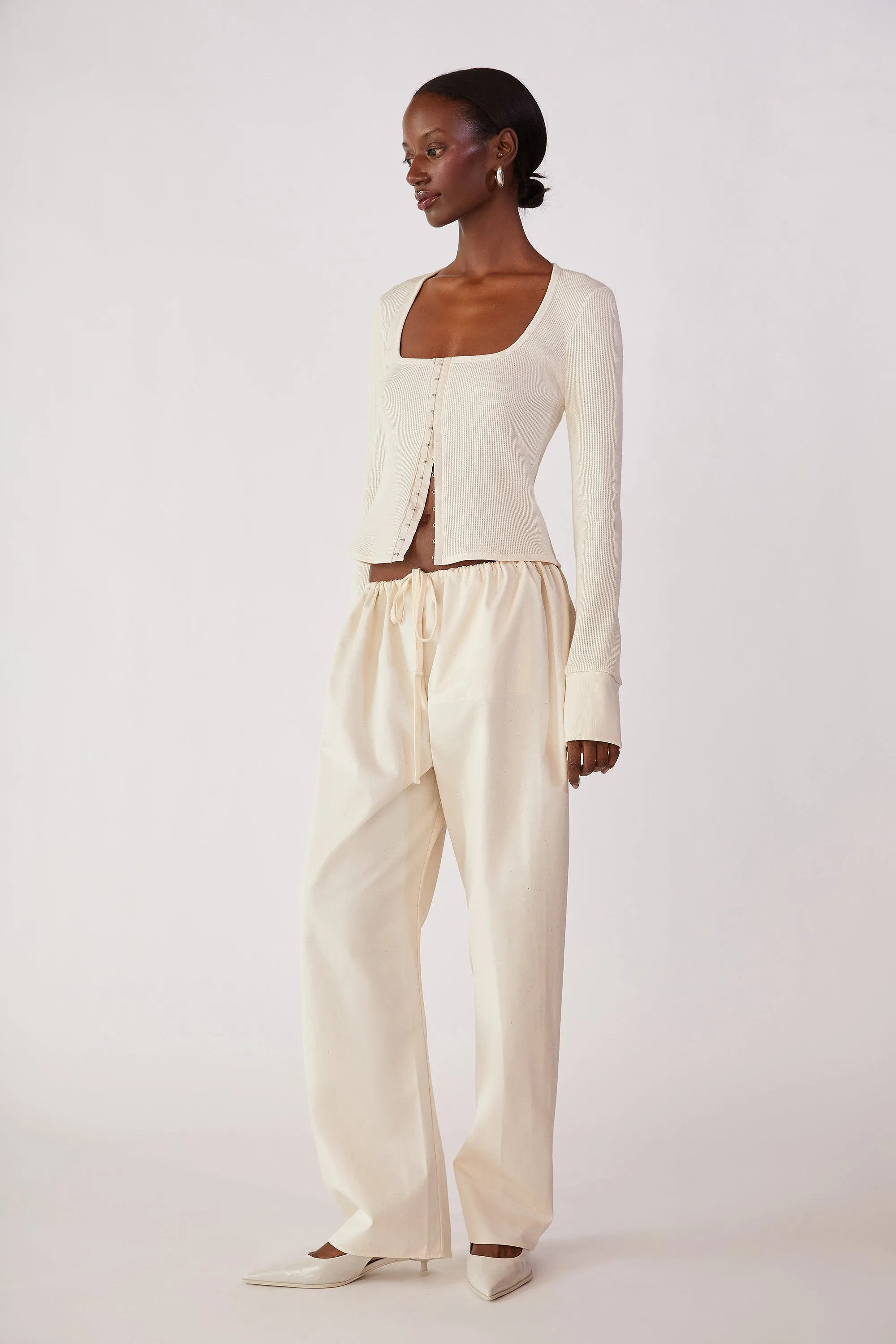 Tulle Flow Neutral-Shade Waffle Knit Top