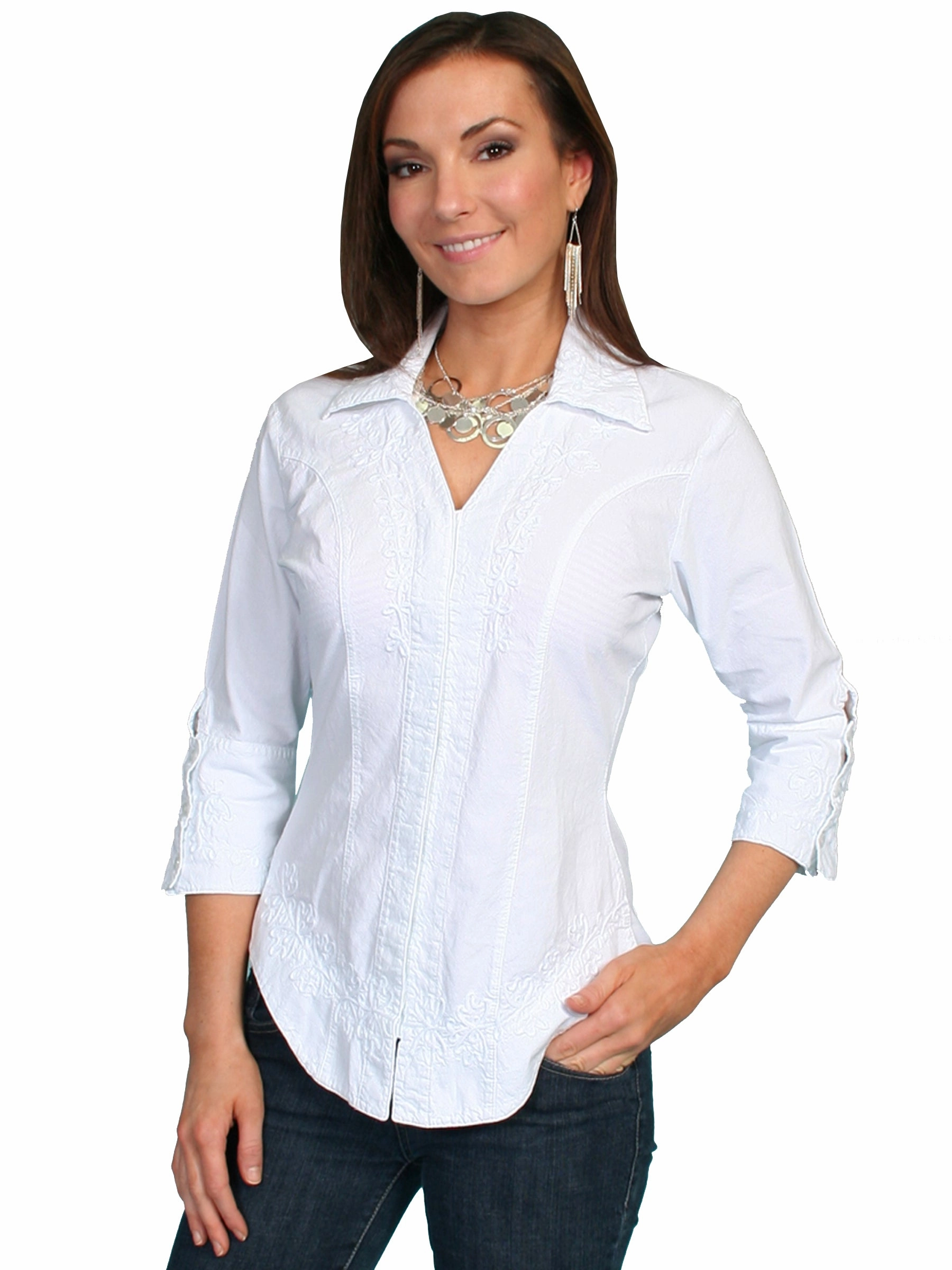 Mature Elegance Black Tie Optional Scully Cantina Collection Blouse White 100% Cotton Floral 3/4 Sleeve