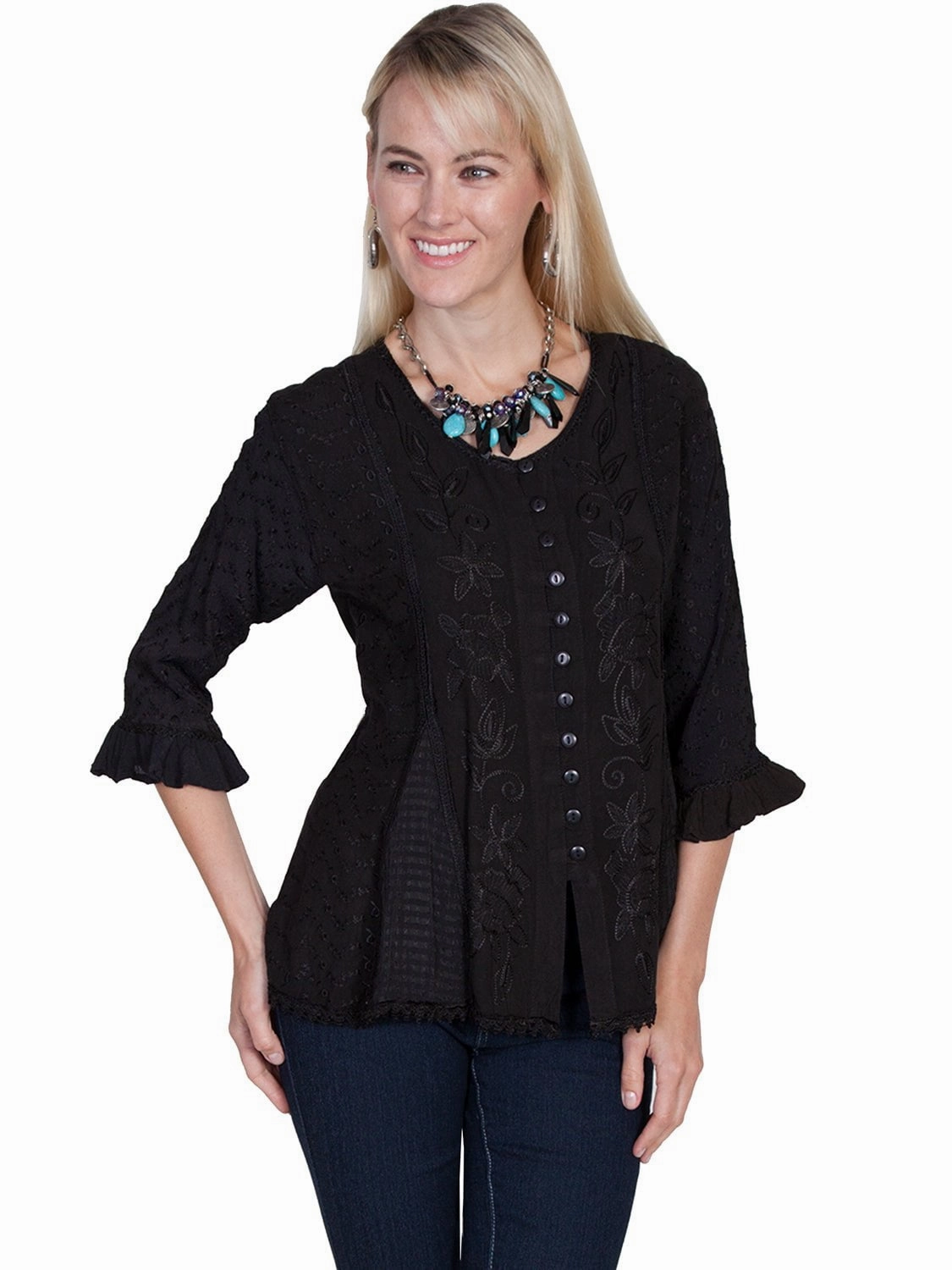Scully Honey Creek Womens Blouse Black 100% Rayon Embroidered 3/4 Sleeve Social Meetup Friends Meetup