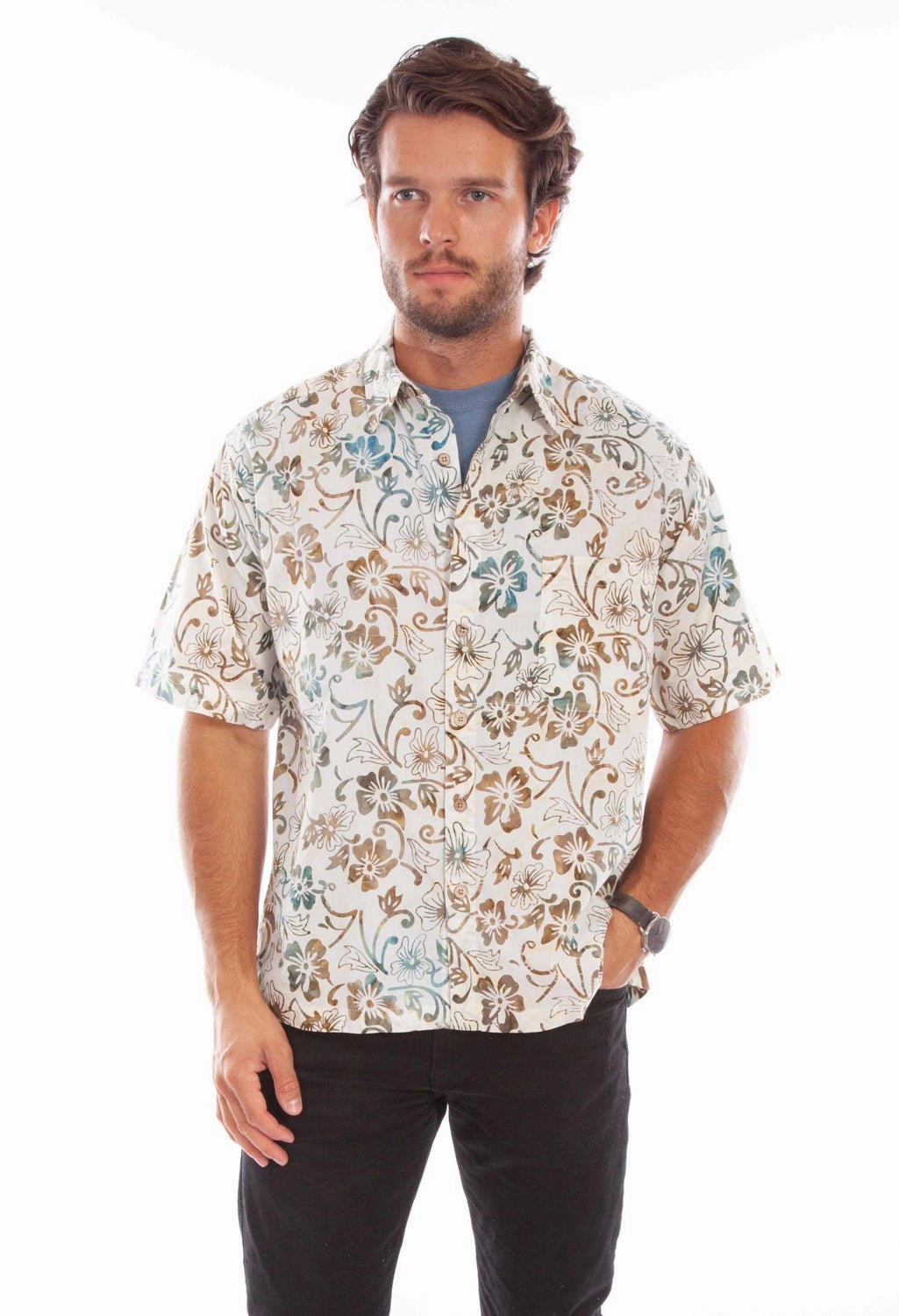 Scully Mens Batik Floral Natural 100% Cotton S/S Shirt High Neck Weekend Casual