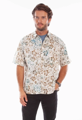 Winter Layering Scully Mens Batik Floral Natural 100% Cotton S/S Shirt