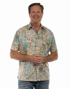 Holiday Outfit Comfort-First Scully Mens Batik Tiles Tan Multi 100% Cotton S/S Shirt