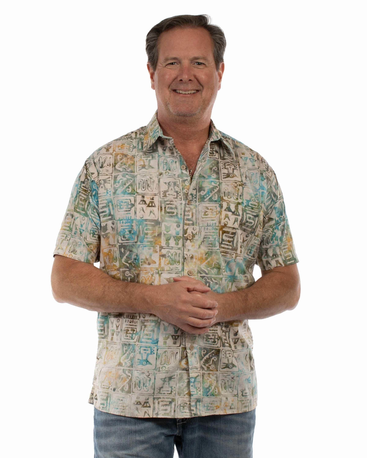 Scully Mens Batik Tiles Tan Multi 100% Cotton S/S Shirt Reinforced Side Vents Corporate Wear