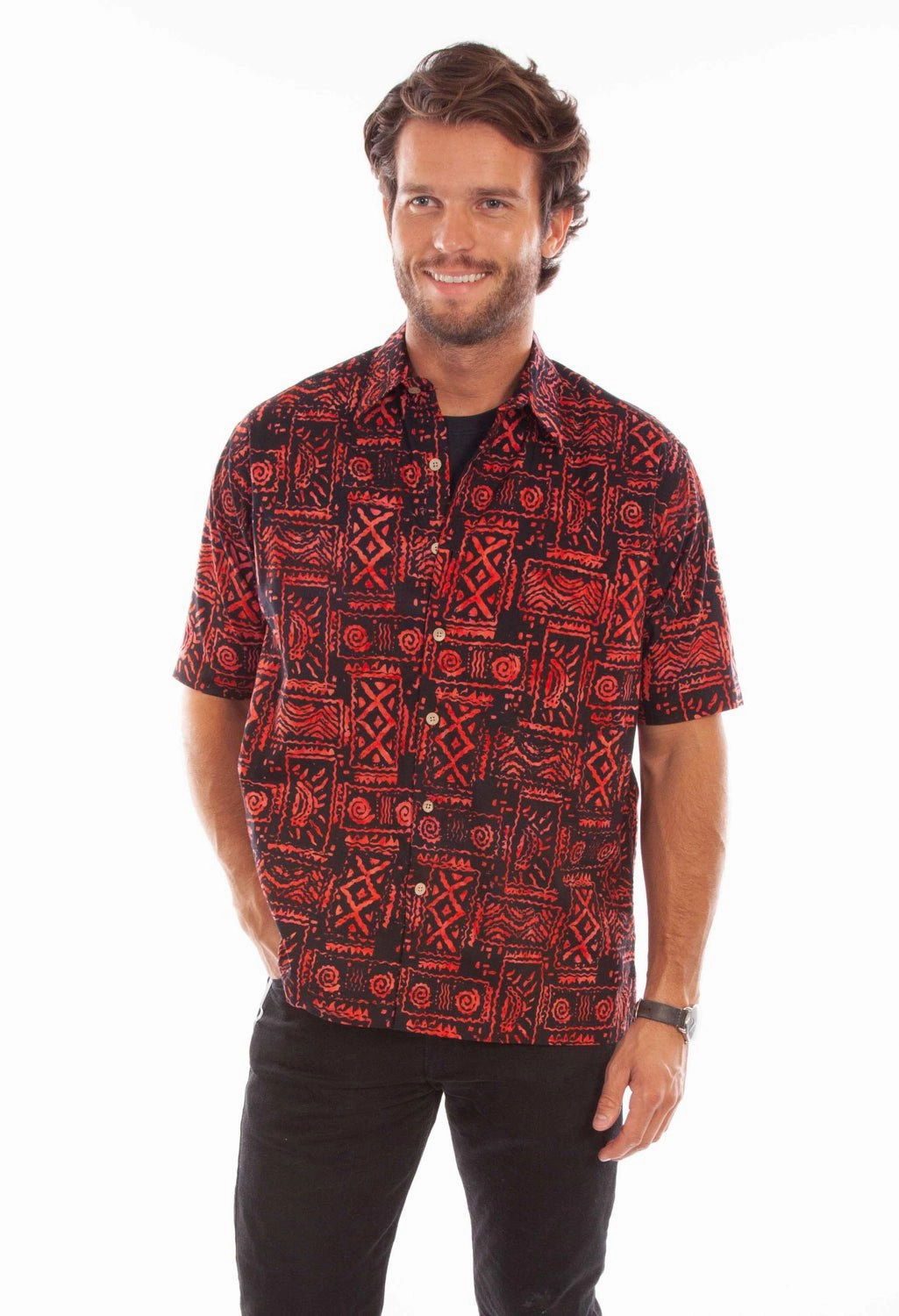 Scully Mens Batik Tribal Red 100% Cotton S/S Shirt Rooftop Bar Polished Finish