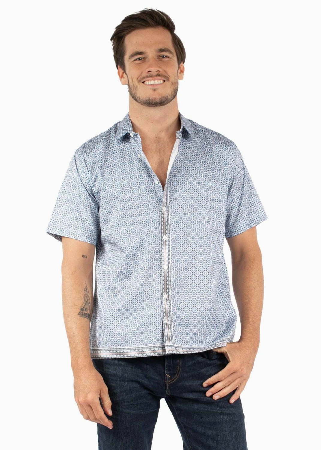 Scully Mens Geometric Button Placket Blue 100% Cotton S/S Shirt Contemporary Style Summer Must-have