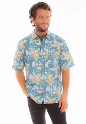 Scully Mens Hawaiian Coconuts Blue 100% Cotton S/S Shirt Anti Pill Technology