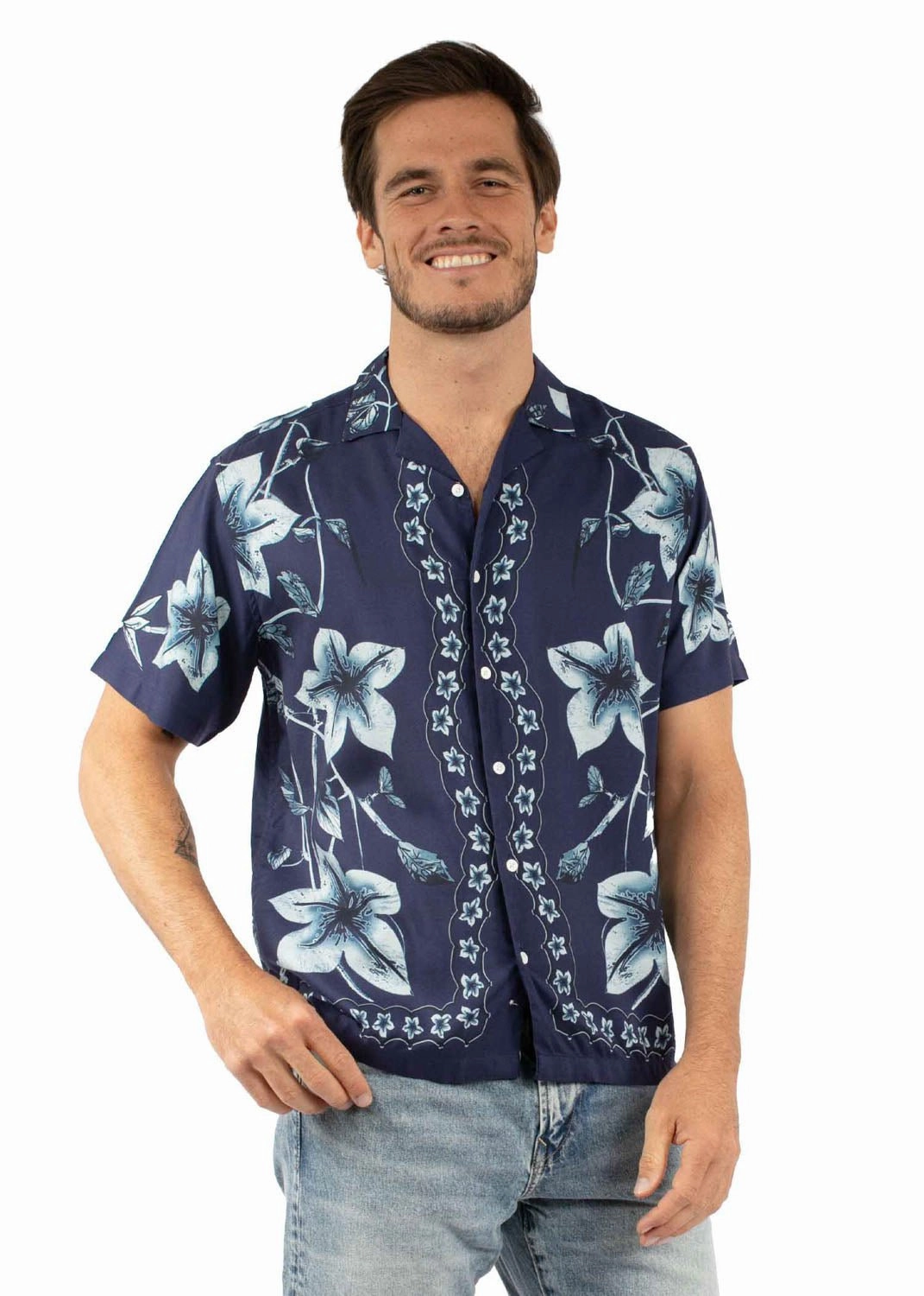 Easy Styling Scully Mens Hawaiian Orchid Print Navy 100% Viscose S/S Shirt