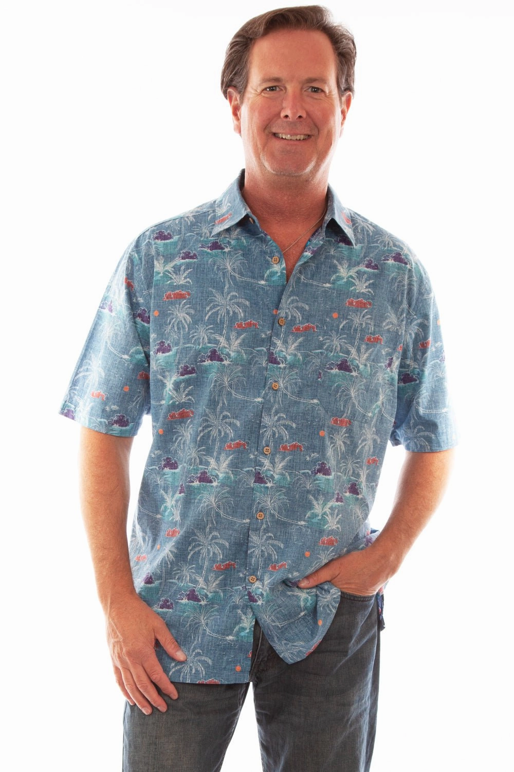 Scully Mens Hawaiian Palm Tree Blue 100% Cotton S/S Shirt elegant design Youthful Appeal